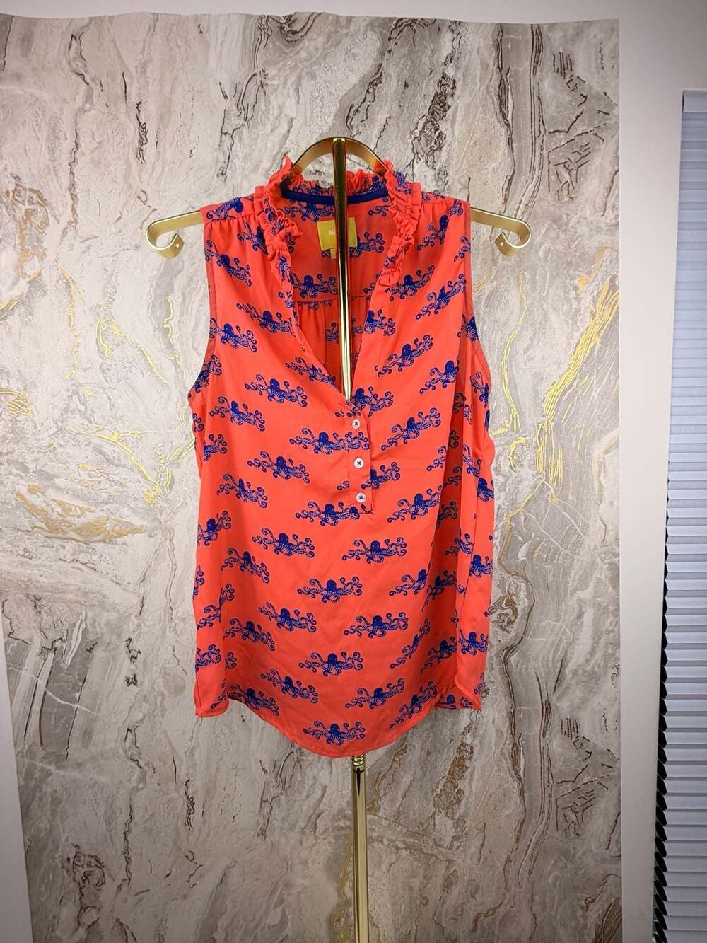 Maeve Octopus Print Blouse Size 2 Coral Ruffle Collar Sleeveless Top